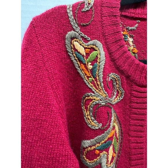 Vintage Rowan Red Cranberry Cardigan Embroidered Floral Accent Knit Sweater - Picture 4 of 8